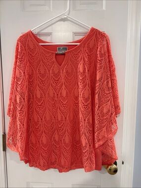 JM Collection Coral Crochet Overlay Tunic with Keyhole